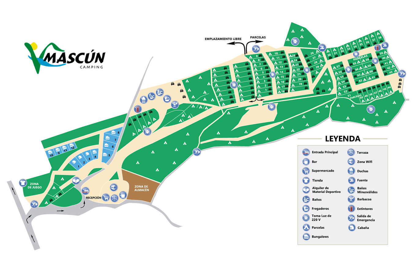 Plano Camping Mascun. Ubicado en Rodellar, Parque Natural de la Sierra de Guara